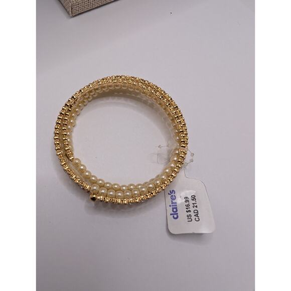 Claire's Pearl and Rhinestone Coil Bracelet Gold Tone Adjustable NWT - Picture 1 of 5